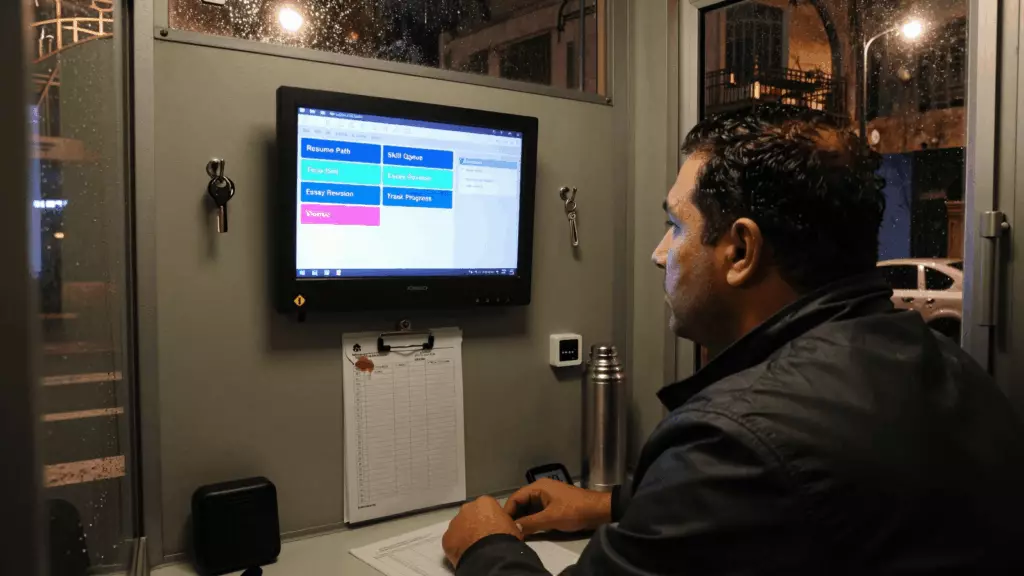 an Arab man in his early 30s reviewing an IELTS online course workflow