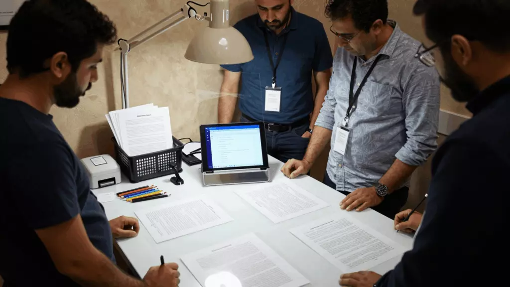 an Arab man in his early 30s working through مراجعة