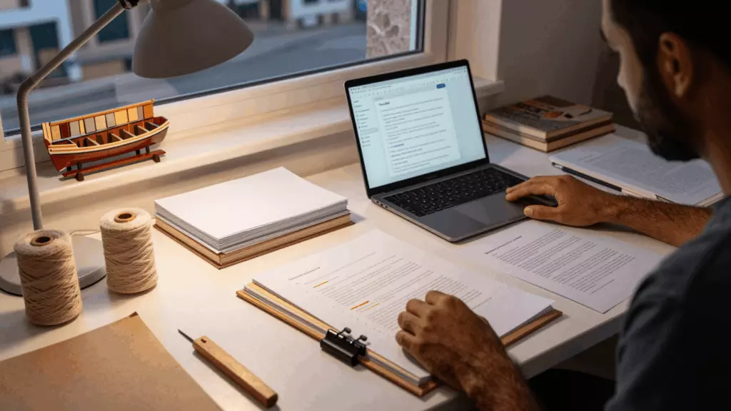 an Arab man in his early 30s reviewing an IELTS online course workflow