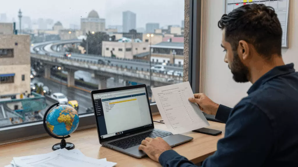 an Arab man in his early 30s reviewing an IELTS online course workflow