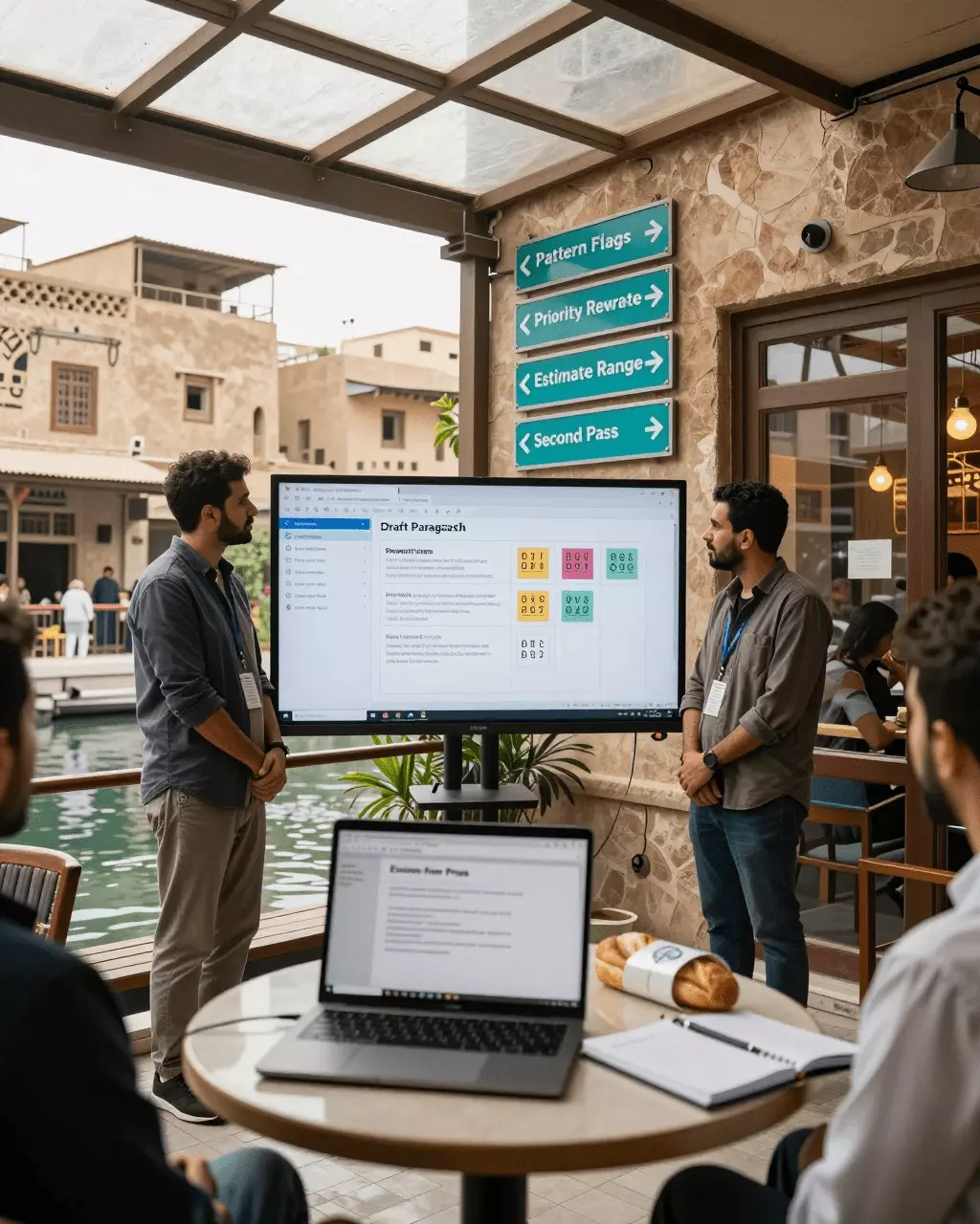 an Arab man in his early 30s preparing online for مدقق الكتابة في اختبار IELTS: التحقق من المقالات وتقدير النطاقات والتحسين بشكل أسرع