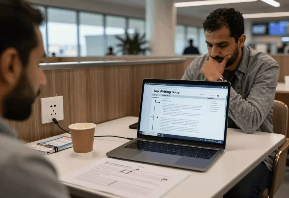 an Arab man in his early 30s choosing the next IELTS prep step online