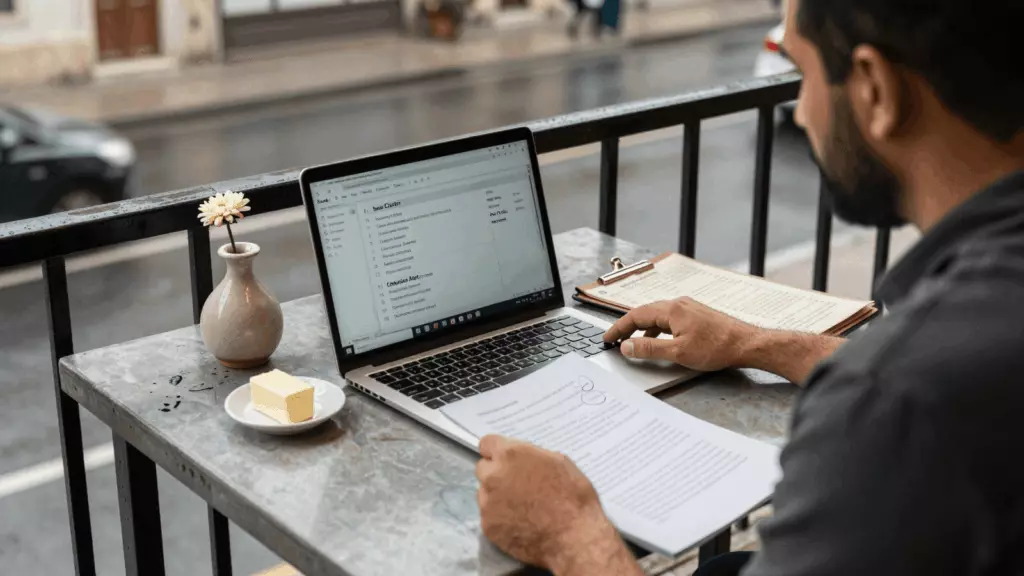 an Arab man in his early 30s reviewing an IELTS online course workflow