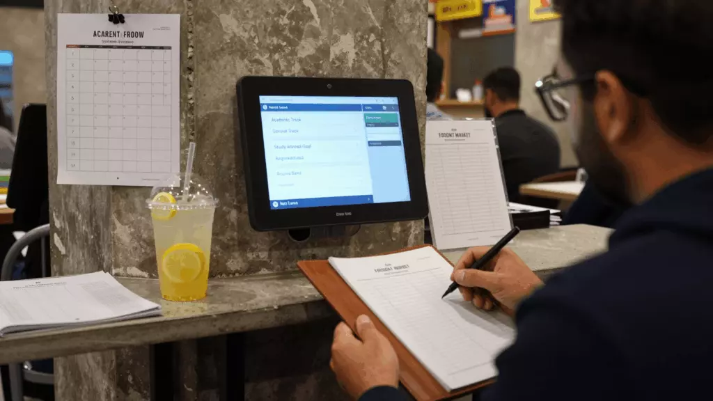 an Arab man in his early 30s reviewing an IELTS online course workflow
