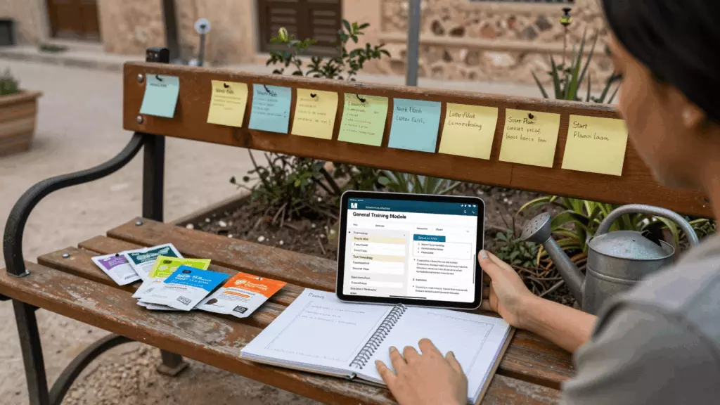 an Arab man in his early 30s reviewing an IELTS online course workflow