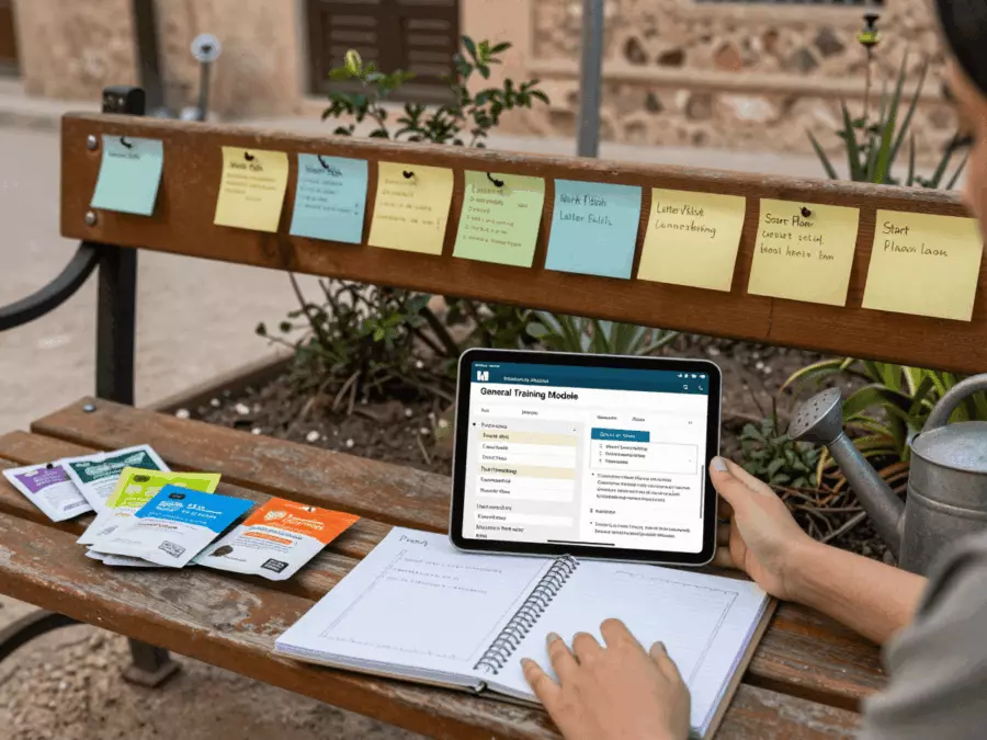 IELTS learner comparing General Training and Academic pathways on a study desk