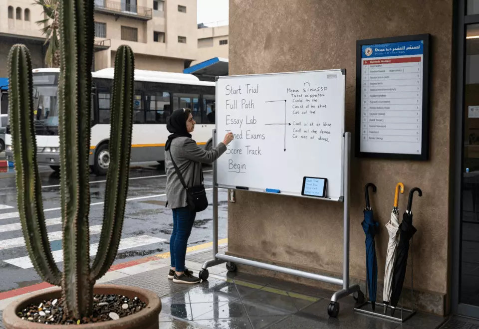 an Arab man in his early 30s choosing the next IELTS prep step online
