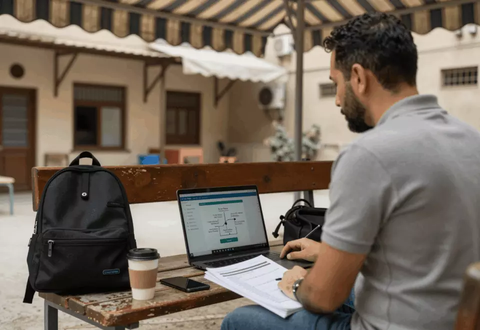 an Arab man in his early 30s choosing the next IELTS prep step online