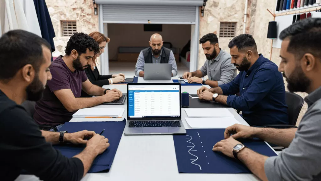 an Arab man in his early 30s reviewing an IELTS online course workflow