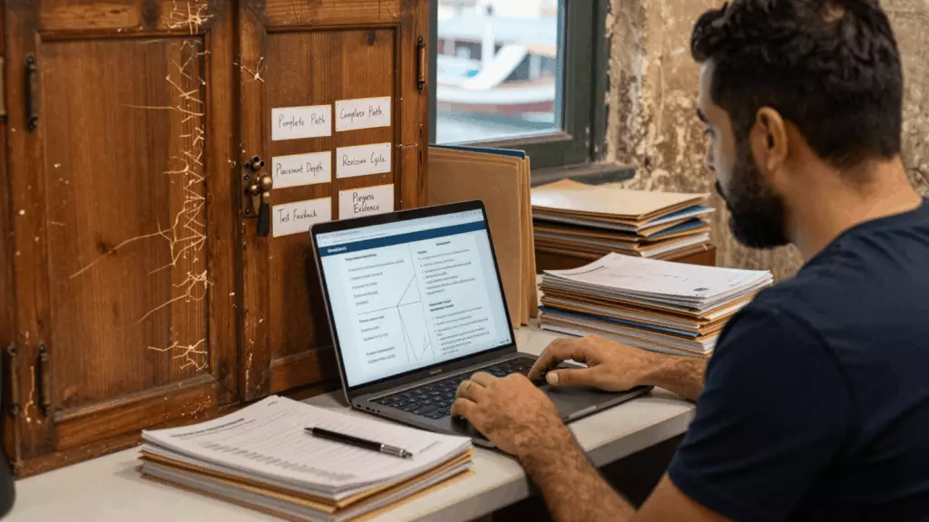 an Arab man in his early 30s working through قارن