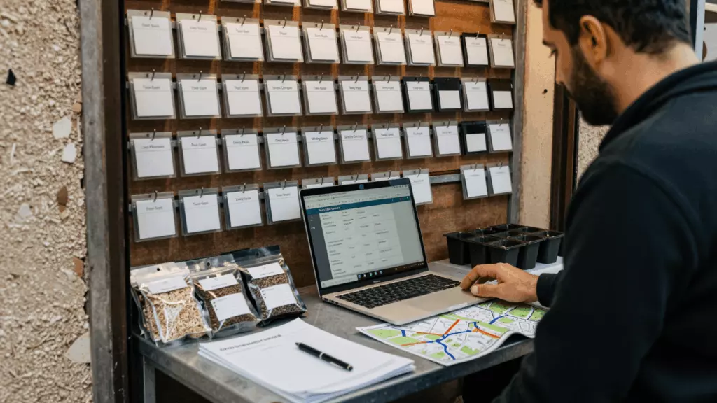 an Arab man in his early 30s reviewing an IELTS online course workflow
