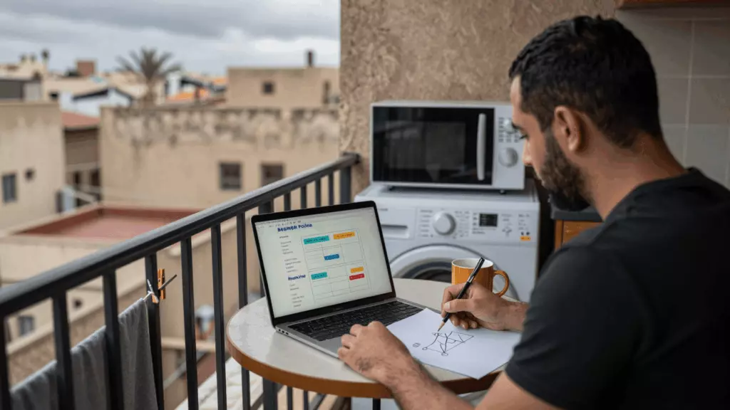 an Arab man in his early 30s reviewing an IELTS online course workflow