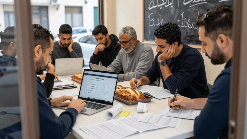an Arab man in his early 30s reviewing an IELTS online course workflow