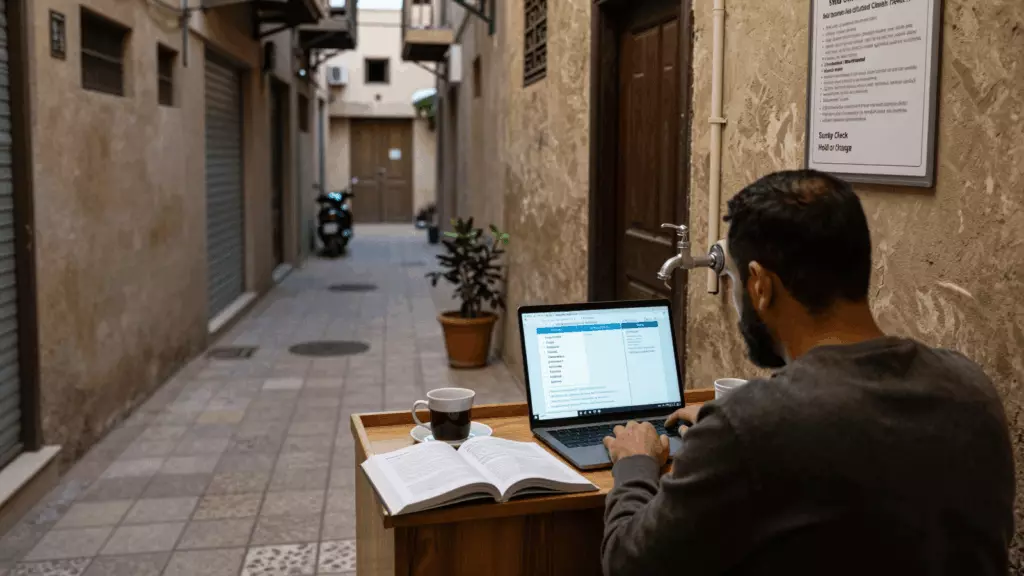 an Arab man in his early 30s reviewing an IELTS online course workflow