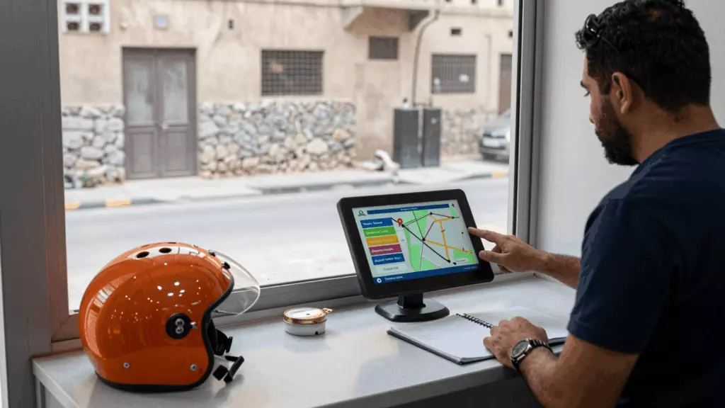 an Arab man in his early 30s reviewing an IELTS online course workflow