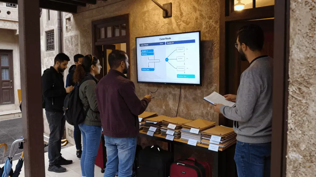 an Arab man in his early 30s reviewing an IELTS online course workflow