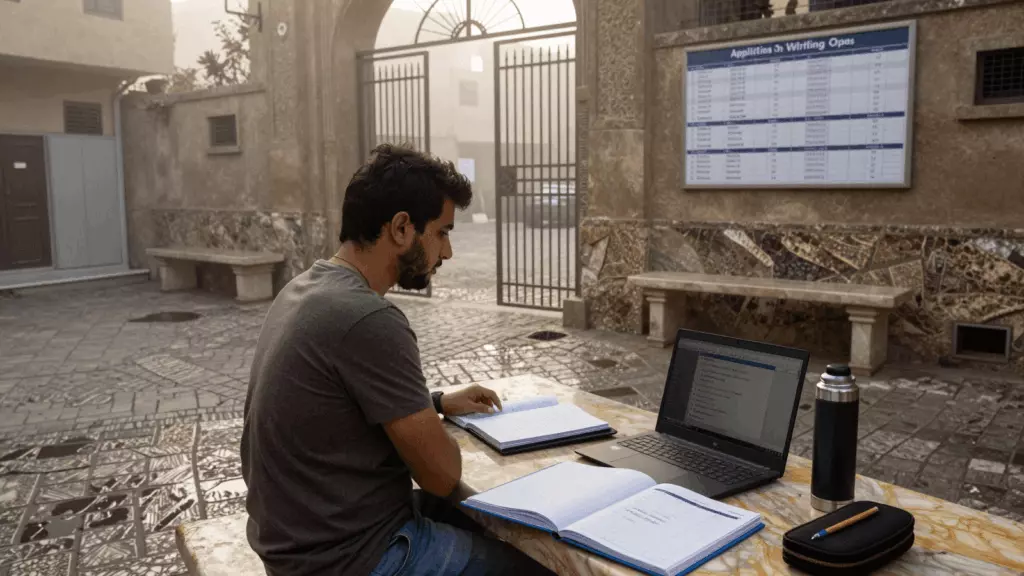 an Arab man in his early 30s working through التحضير