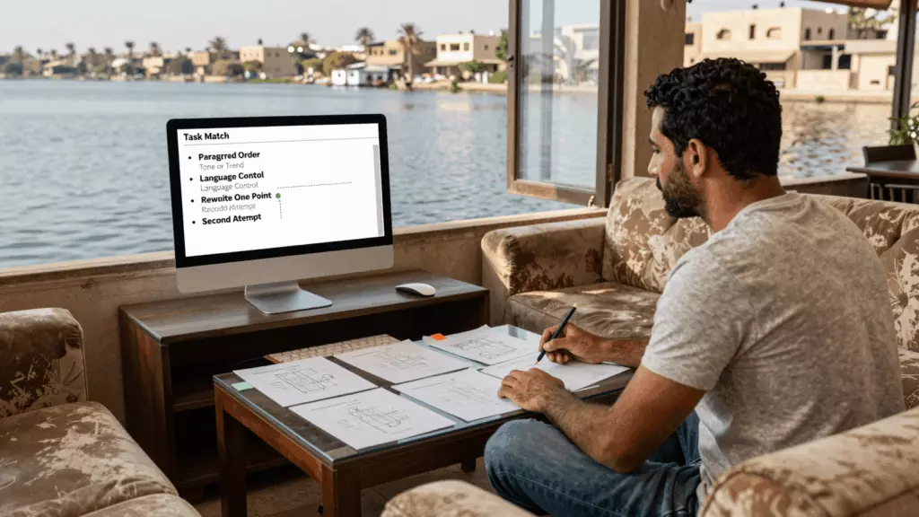an Arab man in his early 30s reviewing an IELTS online course workflow