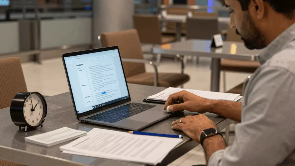 an Arab man in his early 30s working through مسودة