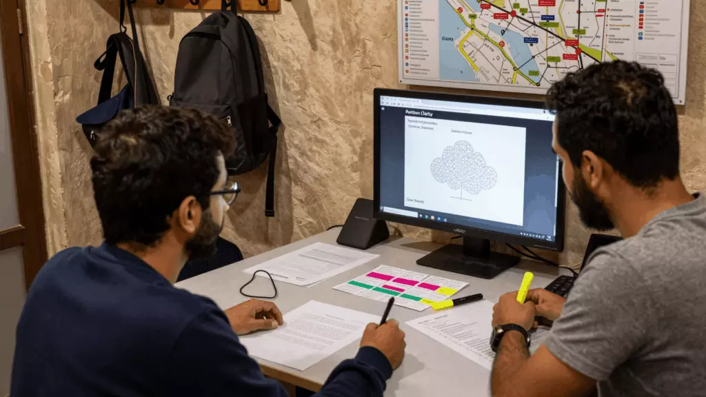 an Arab man in his early 30s reviewing an IELTS online course workflow