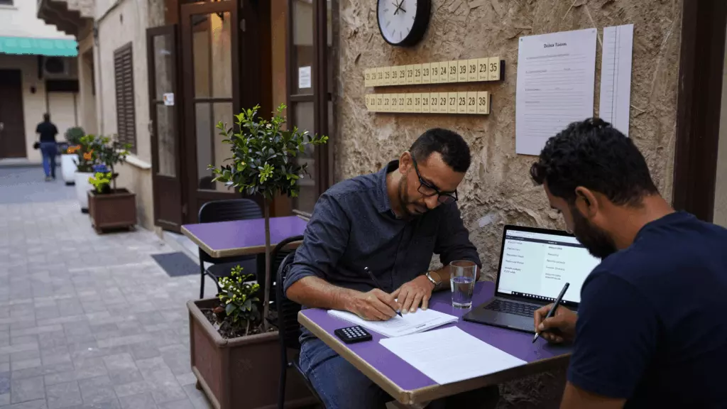 an Arab man in his early 30s working through مسودة