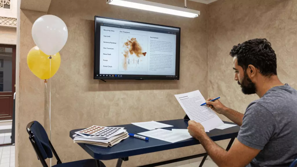 an Arab man in his early 30s reviewing an IELTS online course workflow