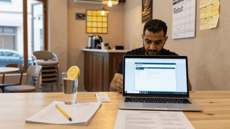 an Arab man in his early 30s preparing online for اختبار IELTS التجريبي المجاني: كيفية استخدام اختبارات الممارسة بشكل صحيح
