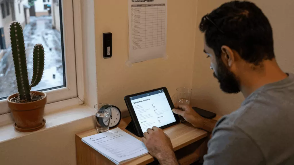 an Arab man in his early 30s working through محاكاة