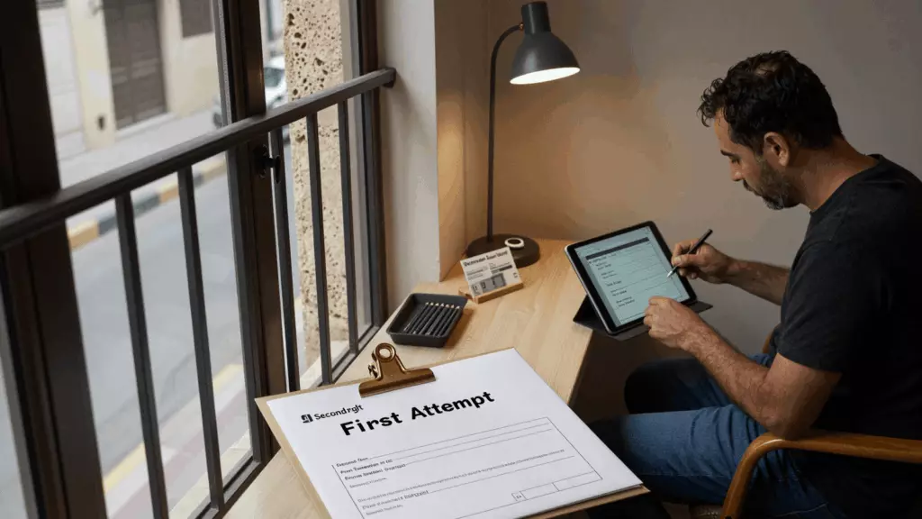 an Arab man in his early 30s working through إعادة الاختبار