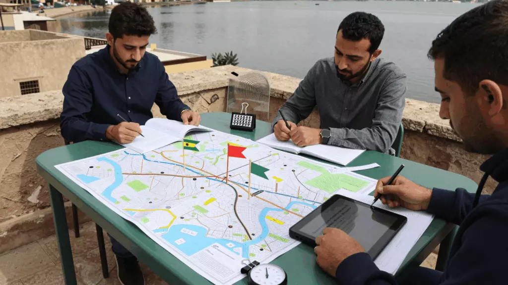 an Arab man in his early 30s working through إعادة الاختبار