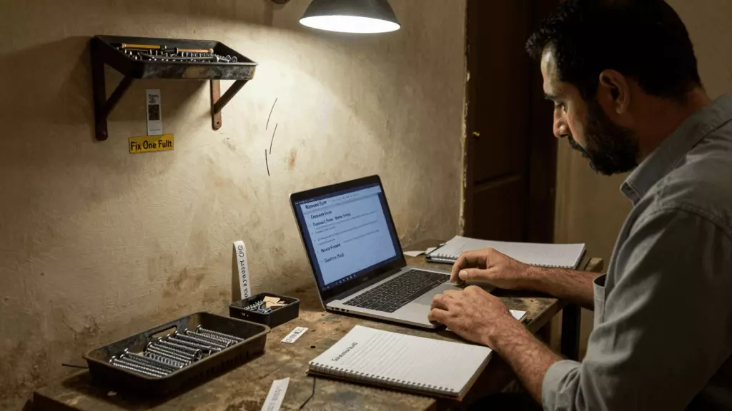 an Arab man in his early 30s working through مراجعة