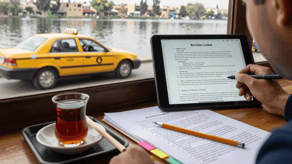 an Arab man in his early 30s reviewing an IELTS online course workflow