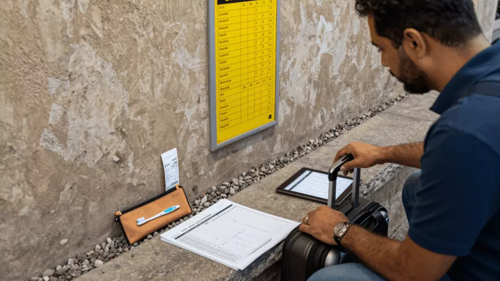 an Arab man in his early 30s reviewing an IELTS online course workflow