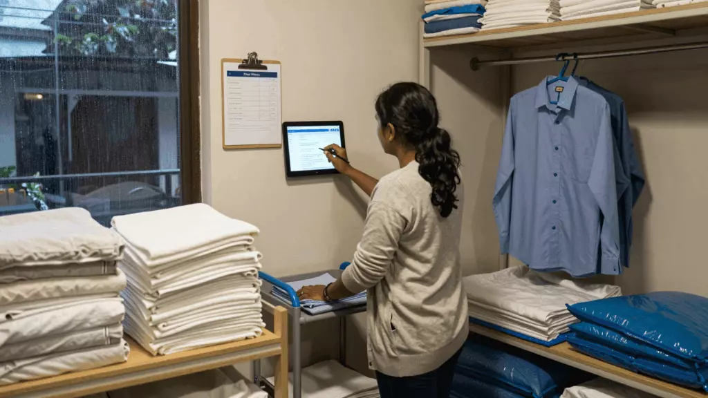 a Bangladeshi woman in her late 20s reviewing an IELTS online course workflow