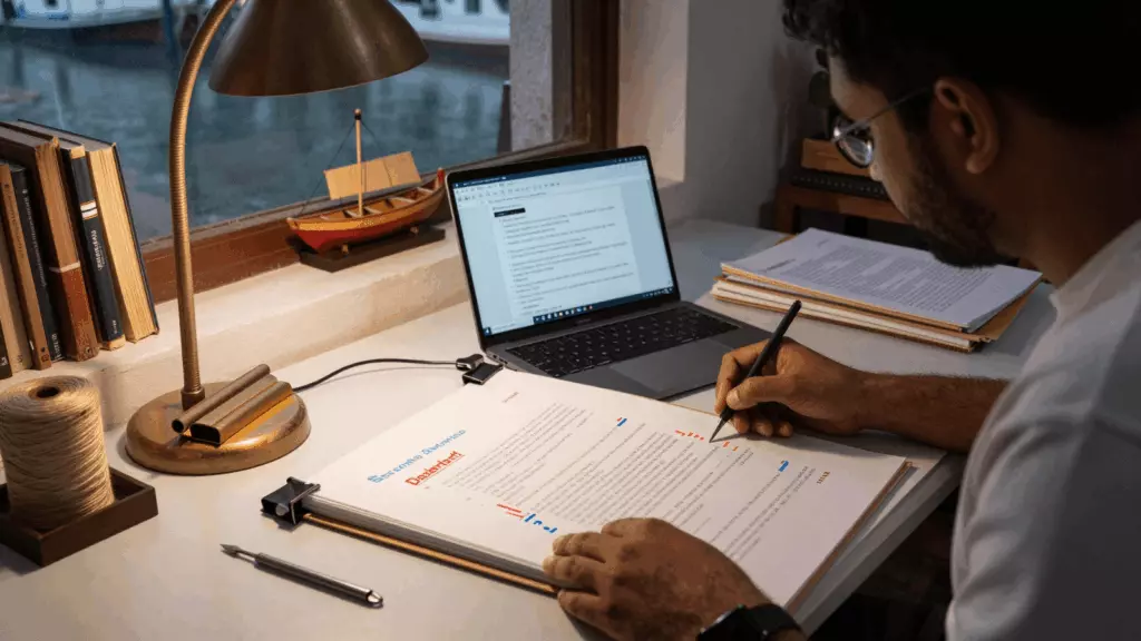 a Bangladeshi woman in her late 20s reviewing an IELTS online course workflow