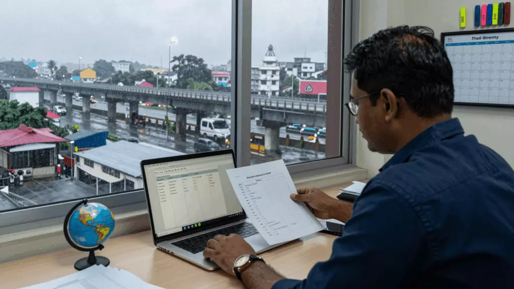 a Bangladeshi woman in her late 20s reviewing an IELTS online course workflow