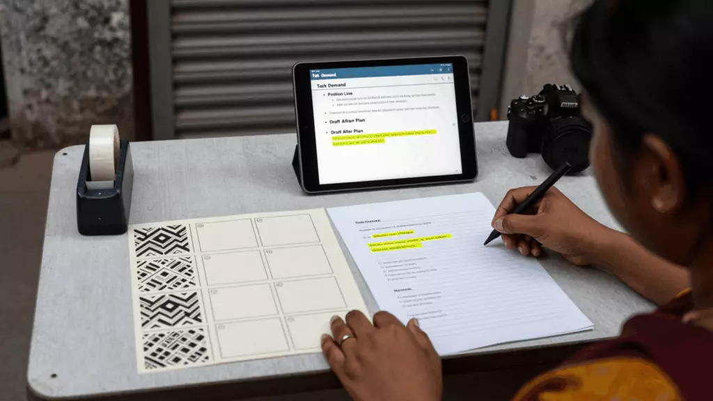 a Bangladeshi woman in her late 20s working through পরিকল্পনা