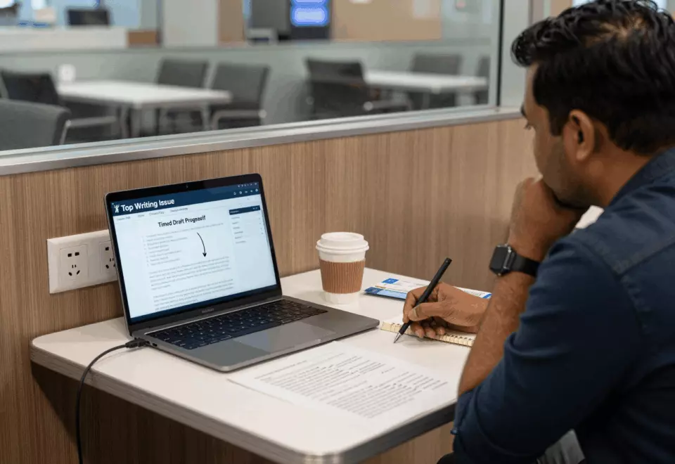 a Bangladeshi woman in her late 20s choosing the next IELTS prep step online