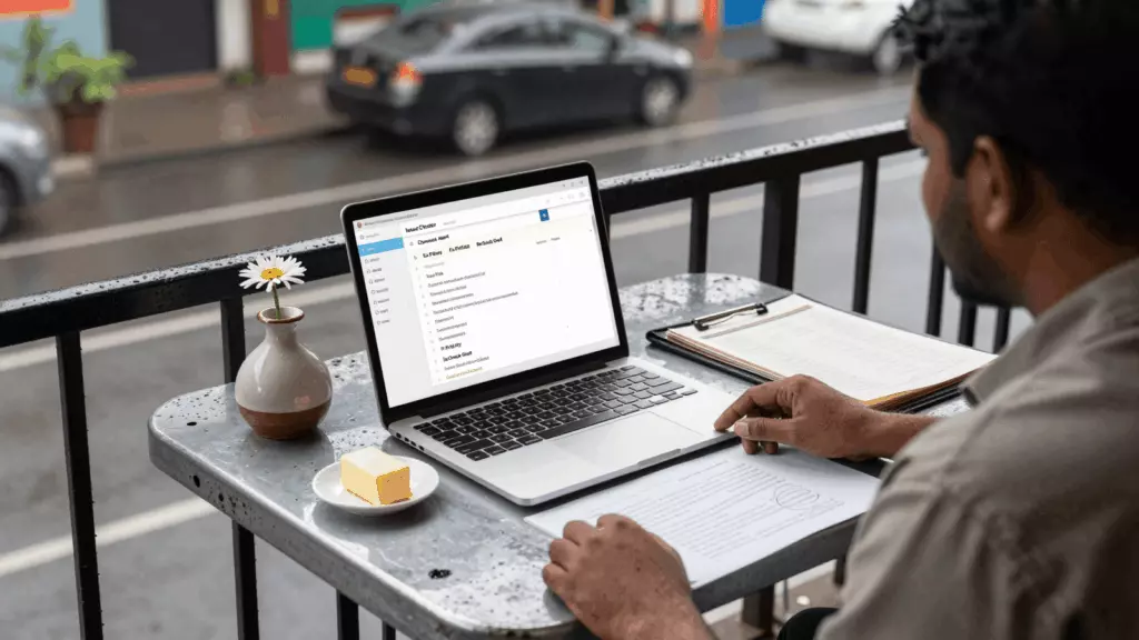 a Bangladeshi woman in her late 20s reviewing an IELTS online course workflow