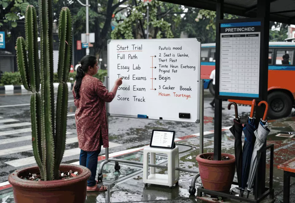 a Bangladeshi woman in her late 20s choosing the next IELTS prep step online