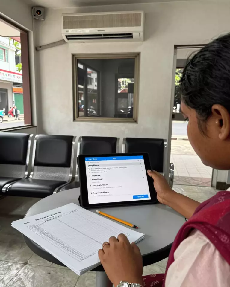 a Bangladeshi woman in her late 20s preparing online for সম্পূর্ণ IELTS কোর্সের চেকলিস্ট: প্রতিটি ভাল IELTS কোর্সে কী অন্তর্ভুক্ত করা উচিত