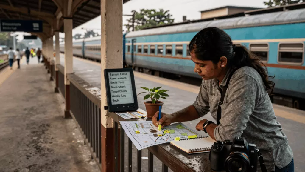 IELTS শিক্ষানবিস একটি অনলাইন পাঠ দেখছেন এবং কাঠামোগত নোট নিচ্ছেন