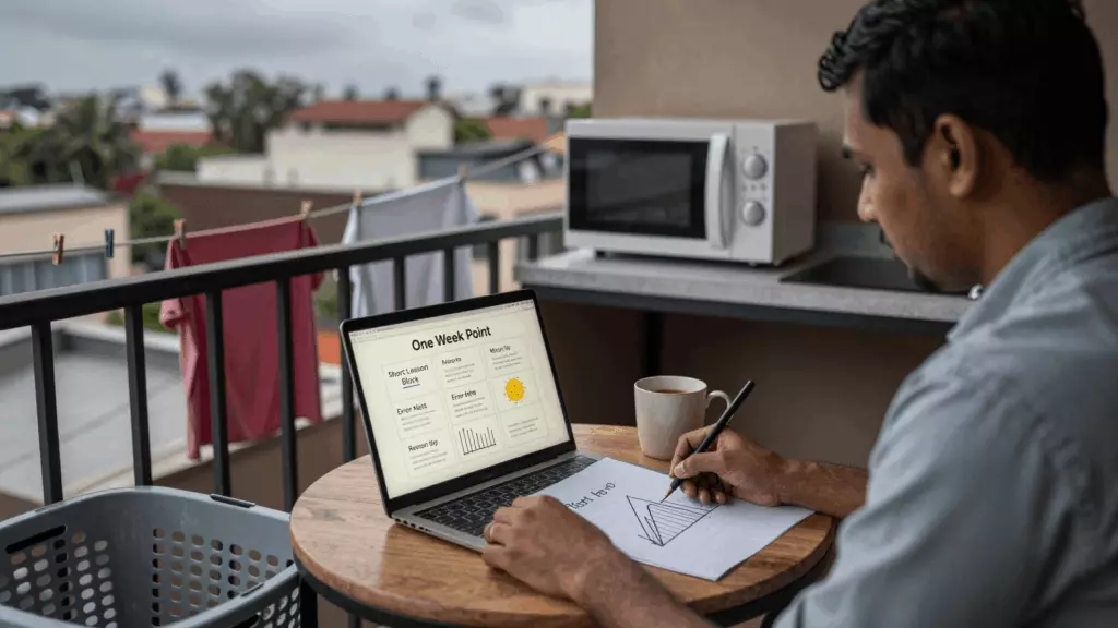 a Bangladeshi woman in her late 20s reviewing an IELTS online course workflow