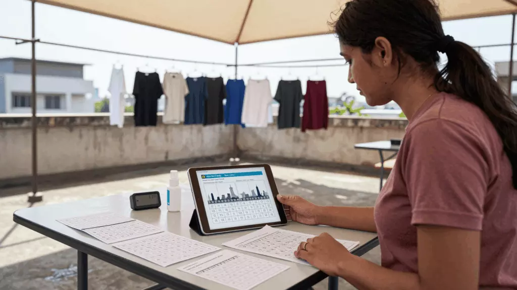 a Bangladeshi woman in her late 20s working through অভ্যাস