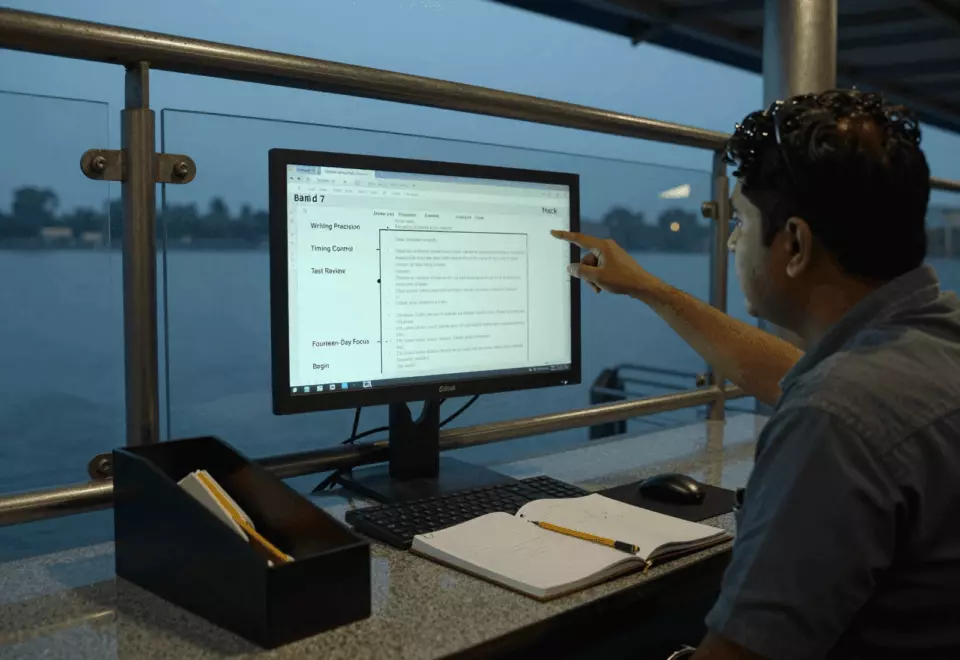 a Bangladeshi woman in her late 20s choosing the next IELTS prep step online