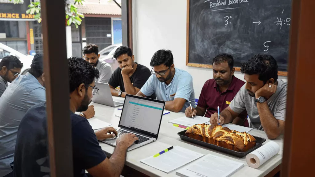 a Bangladeshi woman in her late 20s reviewing an IELTS online course workflow