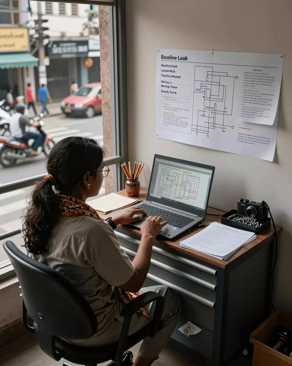 a Bangladeshi woman in her late 20s preparing online for কিভাবে পাঠ, অনুশীলন এবং লেখার পর্যালোচনার মাধ্যমে আপনার IELTS ব্যান্ড স্কোর উন্নত করবেন
