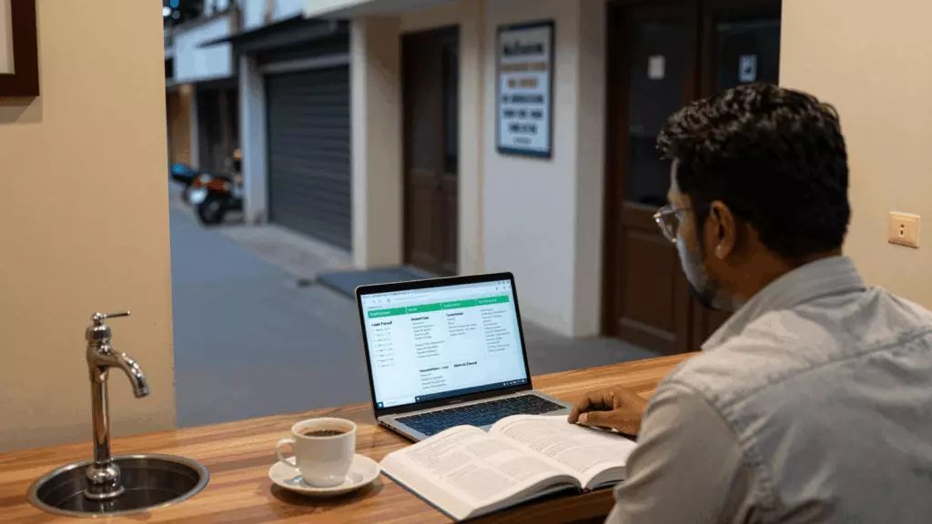 a Bangladeshi woman in her late 20s reviewing an IELTS online course workflow