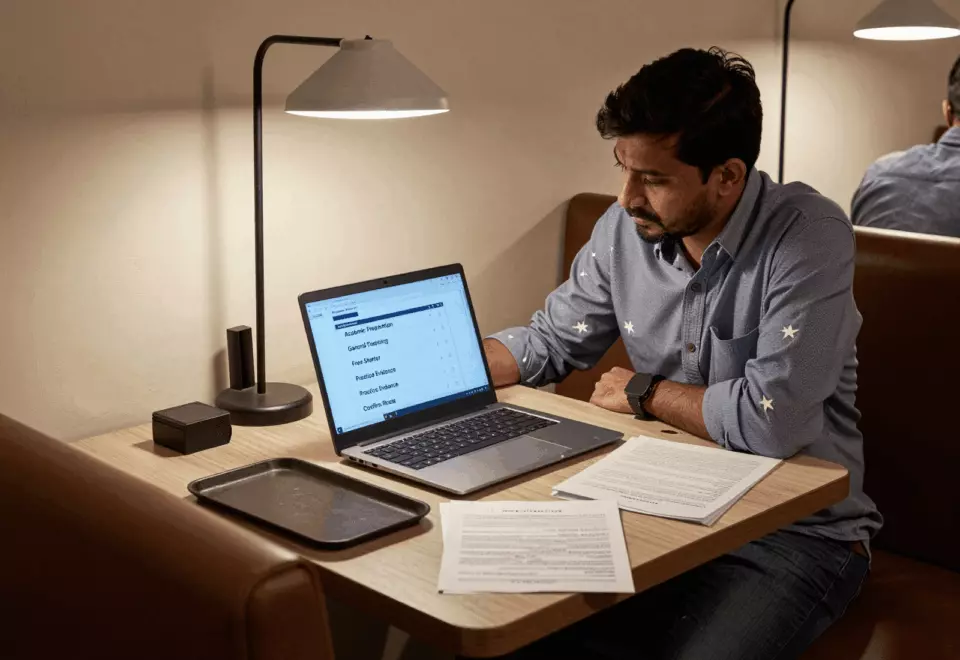 a Bangladeshi woman in her late 20s choosing the next IELTS prep step online