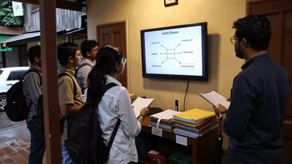a Bangladeshi woman in her late 20s reviewing an IELTS online course workflow